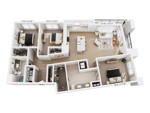 Floor plan for 3 beds, 2 baths, 1375 sqft